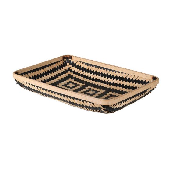 woven bamboo basket with black and natural geometric designs