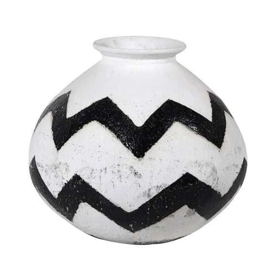 A luxurious black and white hand-painted terracotta vase