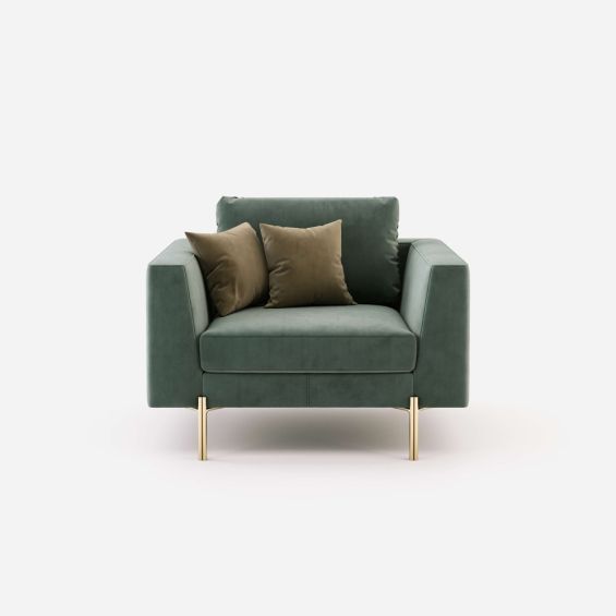 Luxury, soft velvet, contemporary one seater sofa with golden accents
