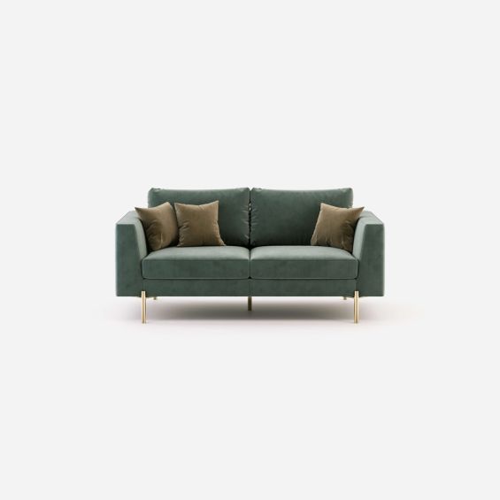 Green velvet upholstered contemporary sofa with gold stainless steel legs