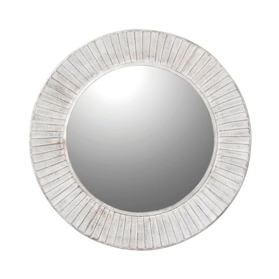 a round, vintage-style whitewashed mirror