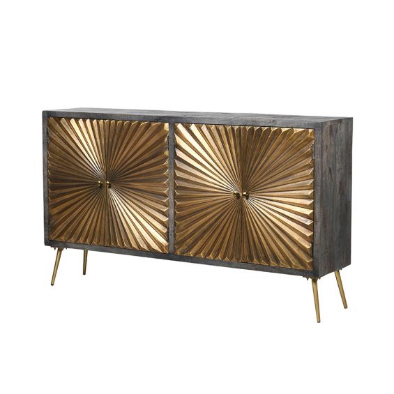 a stylish wooden starburst sideboard with antiqued brass accents