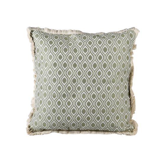 A lovely green cushion with a modern ogee pattern and fringing