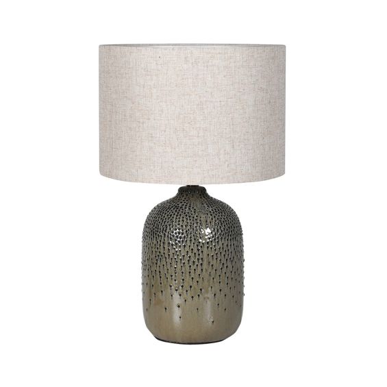 Textured, lamp with a linen shade in earthy, olive green finish