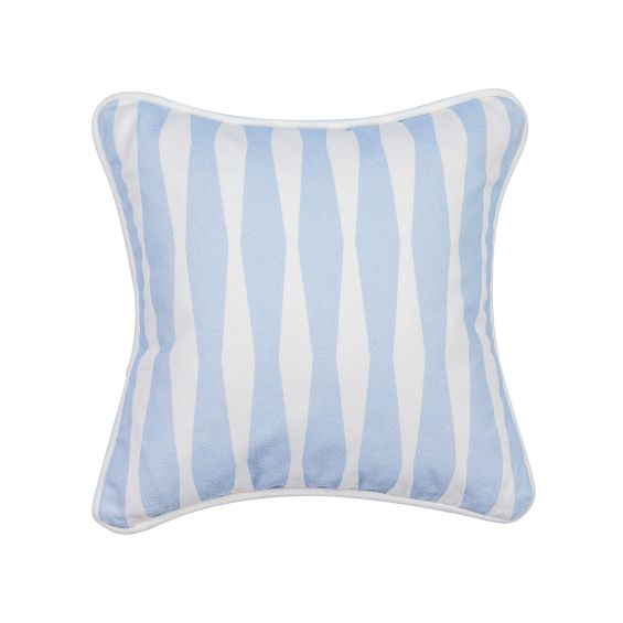 A lovely light blue children's cushion with a stiped design and white piping
