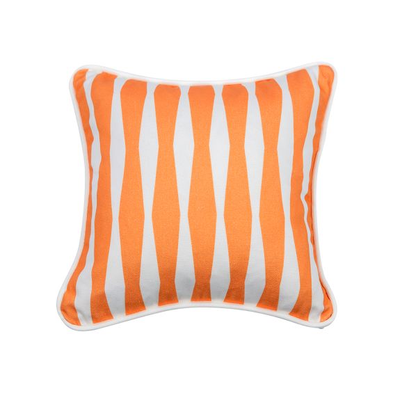 A bright orange children's cushion with a unique and playful pattern 