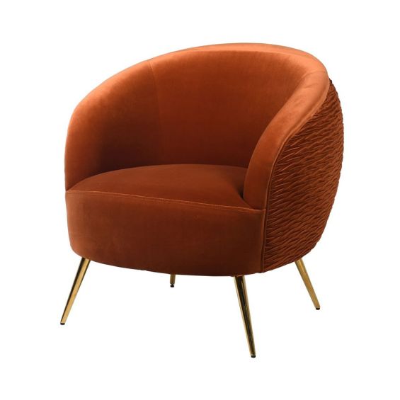 round burnt orange accent chair with brass-effect tapered legs 