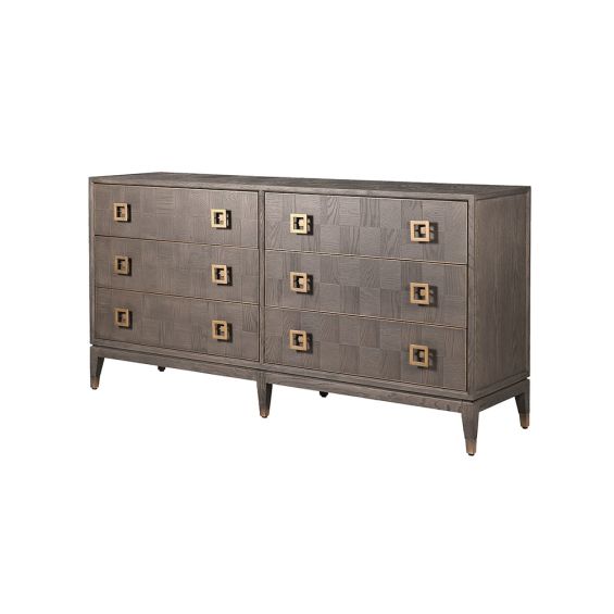 A luxurious 6-drawer chest of drawers with a brown oak finish and antique brass hardware 