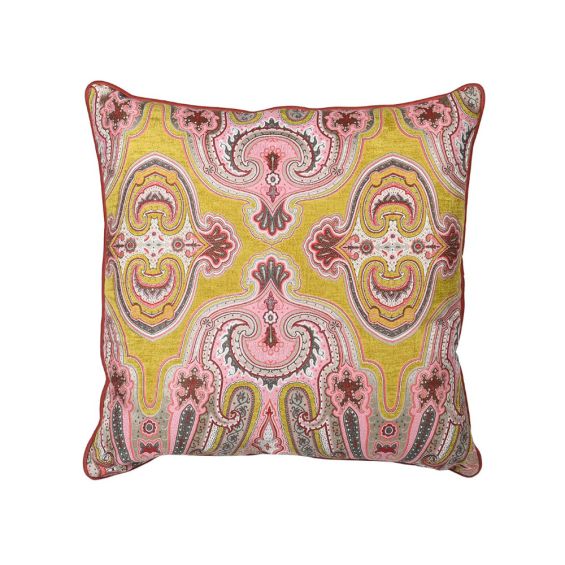 Coral and mustard embroidered cushion
