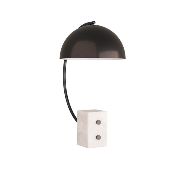 C-shaped lamp with geometric white alabaster base and domed bronze shade 