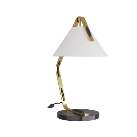 Lamp with antique brass arm fixed to a circular, black marble base
