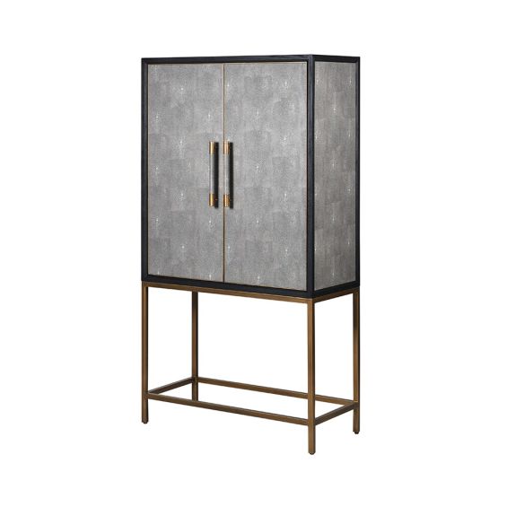 grey shagreen wine cabinet with black outlining and brass accents and base