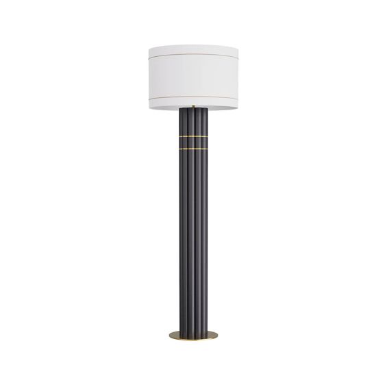 Scalloped column floor lamp in black resin with bands of high-contrast antique brass steel