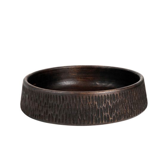 Gorgeous brown wooden bowl with hammered texture around the exterior