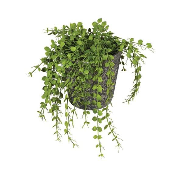 A stylish artificial hanging fern plant in a grey pot