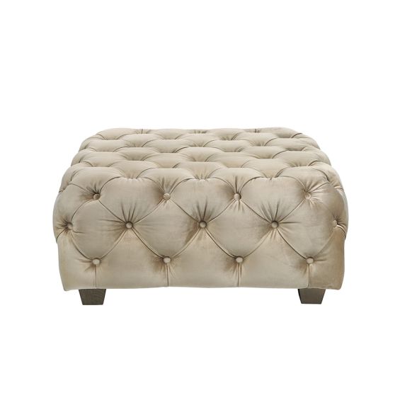 French-style, luxe chic pouffe in beige velvet with deep buttoning