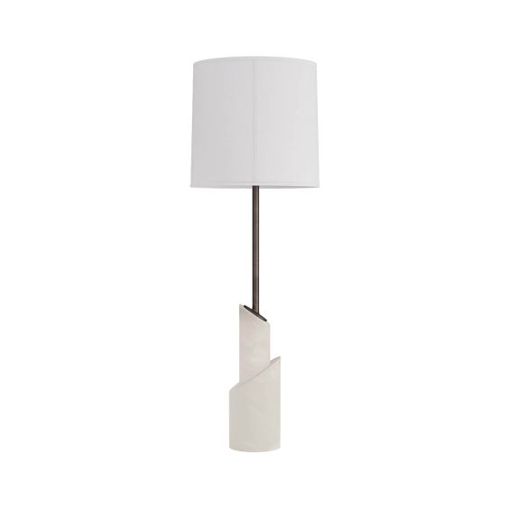 Angled white alabaster discs form lamp base with bronze post