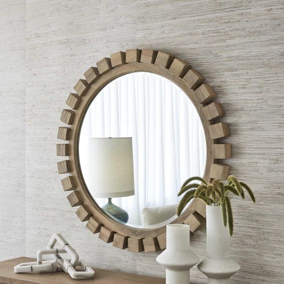 Round shaped mirror with natural hand-brushed solid wooden squares
