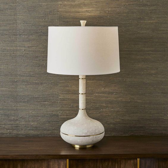White terrazzo lamp made from ground marble with antique brass bands
