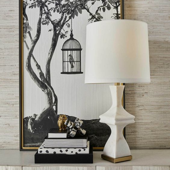 1950s inspired white marble lamp with brass detail on base