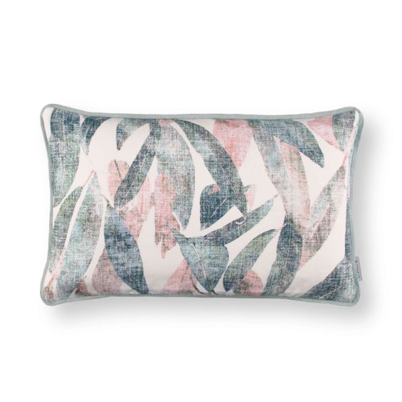 A luxurious nature-inspired printed cushion with pink and green tones