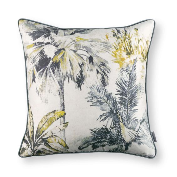 Yellow foliage patterned velvet cushion grey reverse side