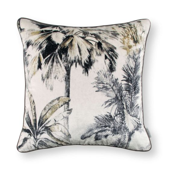 Printed neutral velvet foliage cushion with linen reverse side