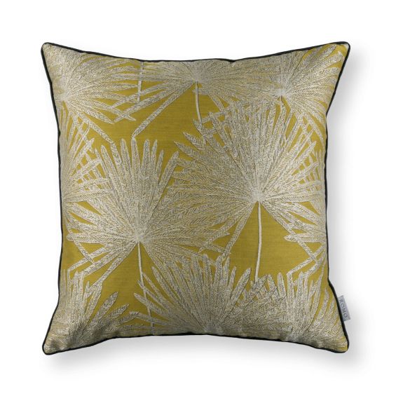 Jacquard weave leaf designed yellow linen cushion