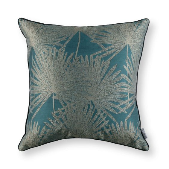 Jacquard weave leaf designed teal linen cushion