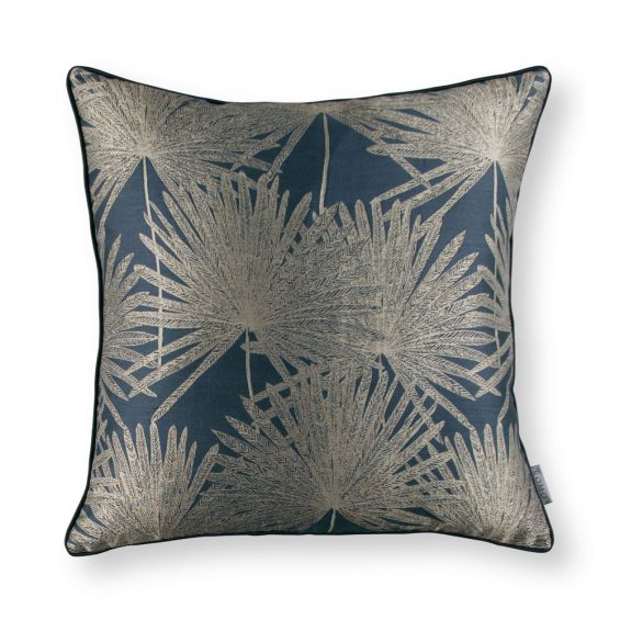 Jacquard weave leaf designed indigo linen cushion