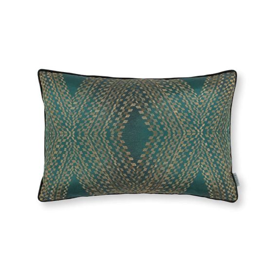 A rectangular embroidered cushion with a diamond design.