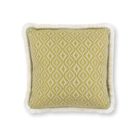 An outdoor jacquard woven cushion with a decorative fringe and diamond pattern.