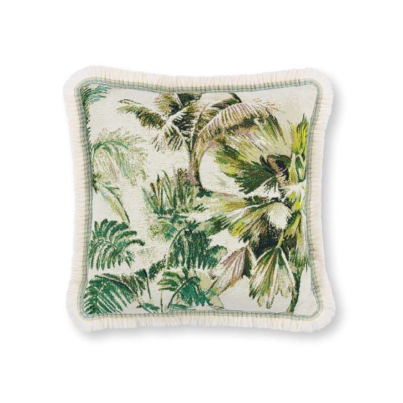 A tropic outdoor cushion with fringe details.