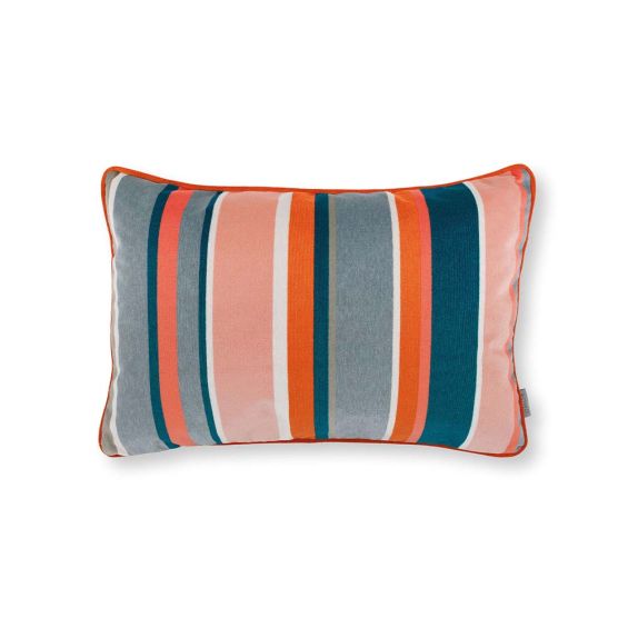 A multi-coloured velvet, outdoor cushion decorated with various colours and stripe sizes.