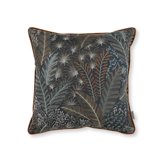An opulent cushion by Romo crafted from cotton satin featuring exotic palms with an array of flora and fauna
