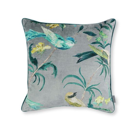 A beautiful cushion by Romo crafted from soft velvet with lovely illustration of birds and branches