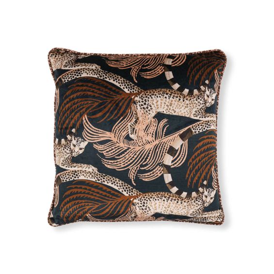 Black velvet cushion with light brown leaves and leopards 
