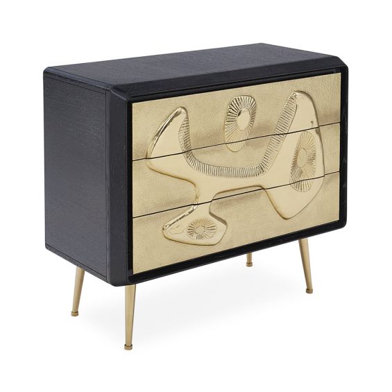 A brutalist inspired black and hand-hammered brass chest of drawers