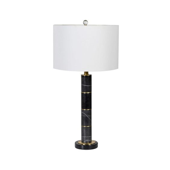 Black and gold marble finish table lamp with white shade