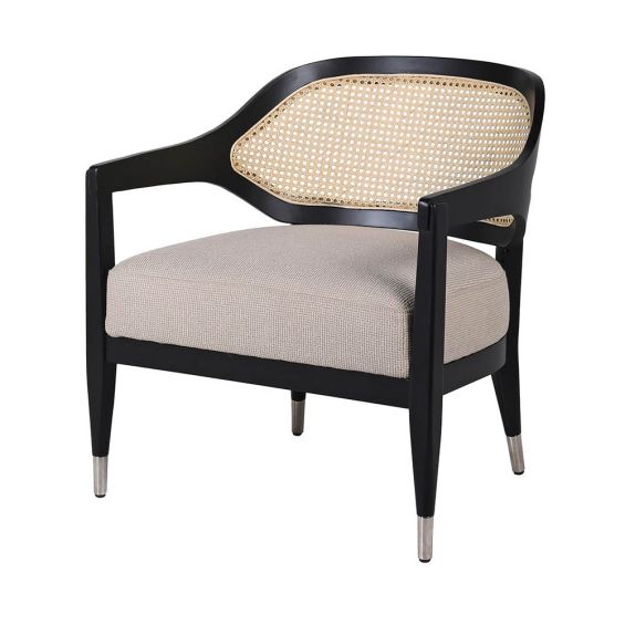 Enchanting armchair with black frame, rattan backrest and sumptuous linen seat