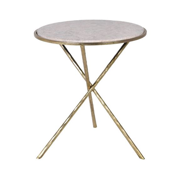 Side table with brassy legs and marble-effect surface
