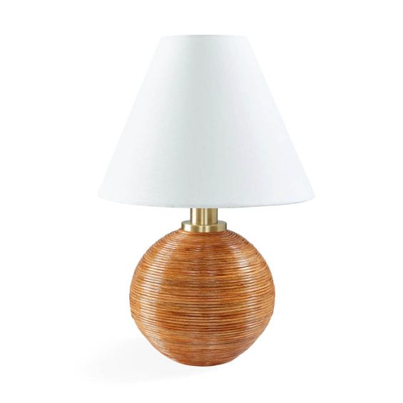 Brown circular rattan lamp with linen lampshade