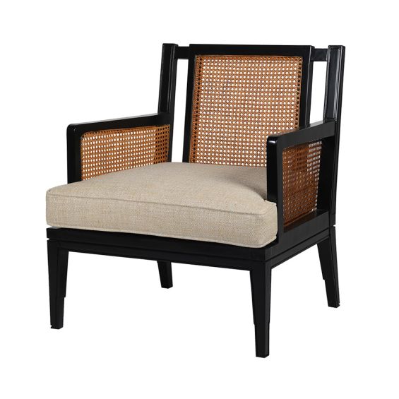 black chair with rattan wood and linen seat