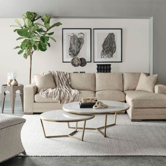 Large round coffee table with marble top and brass base