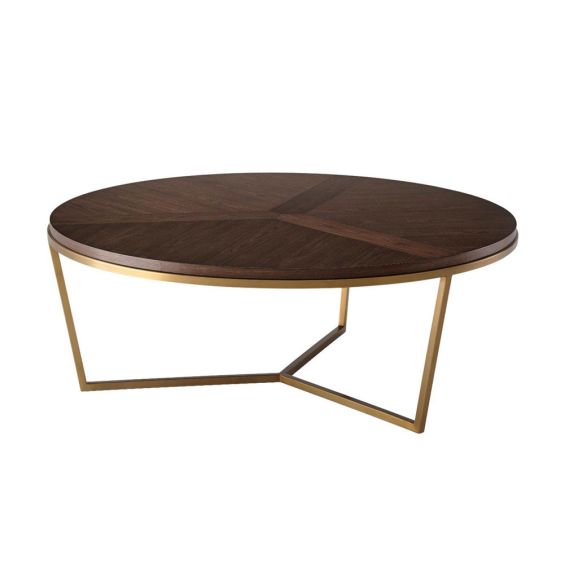 Rich wood top round coffee table with minimalist brass base