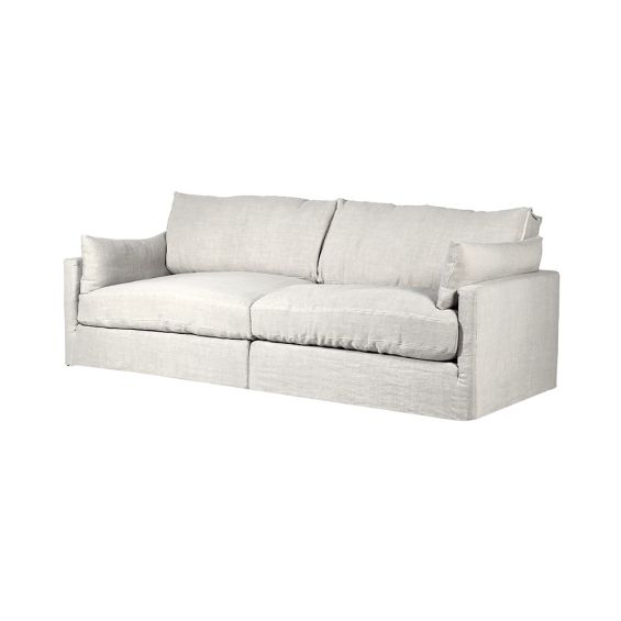 A luxury linen upholstered, 3-seater sofa with a natural finish