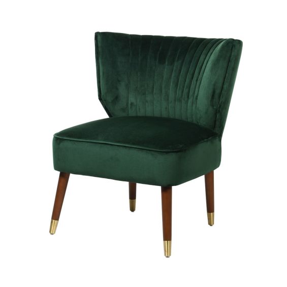 Green velvet armchair with brown legs and brass caps
