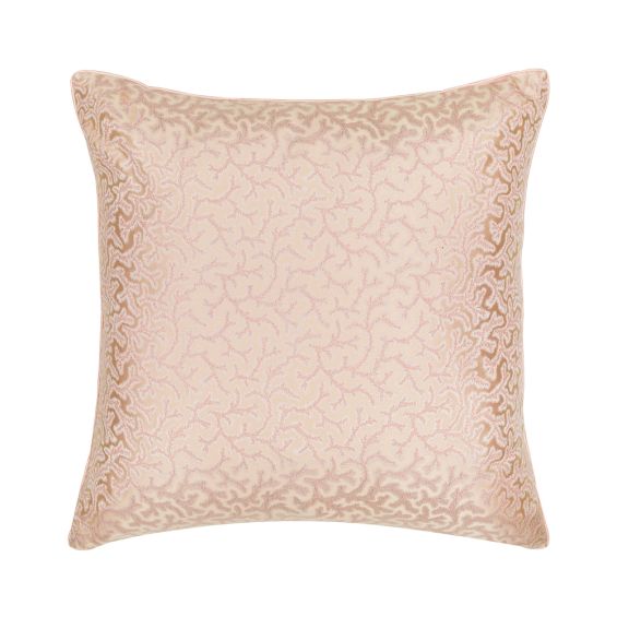 A dreamy, pink silk cushion complete with tailored piping and a stunning jacquard pattern. 