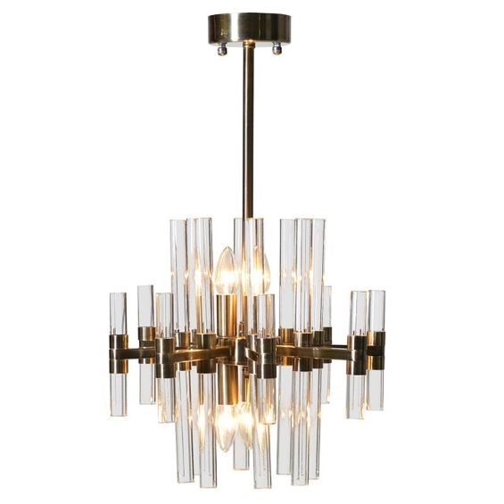 Stylish, glass rod arrangement chandelier with gold detailing - Medium