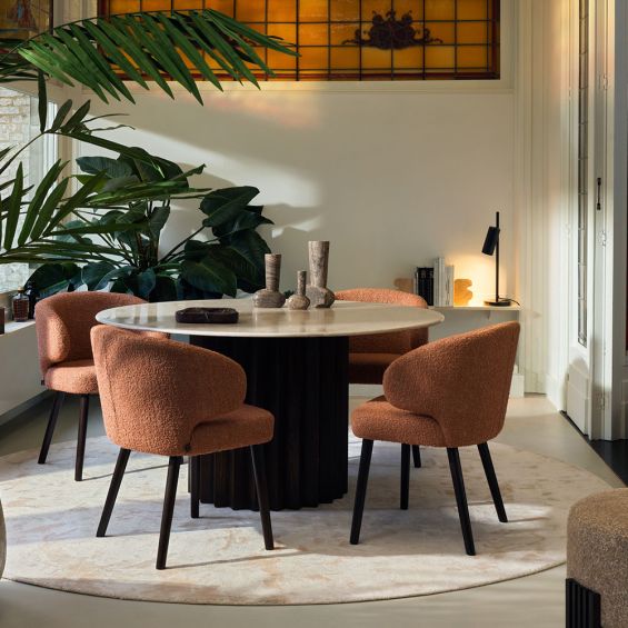 Cosmopolitan-style circular marble dining table with wooden base